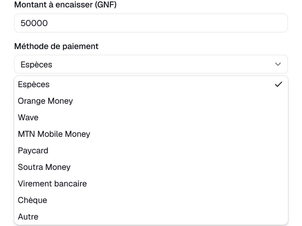 Enregistrement d'un paiement de 50 000 GNF : liste des moyens de paiement ouverte, d'Espèces et Orange Money à Virement bancaire et Chèque