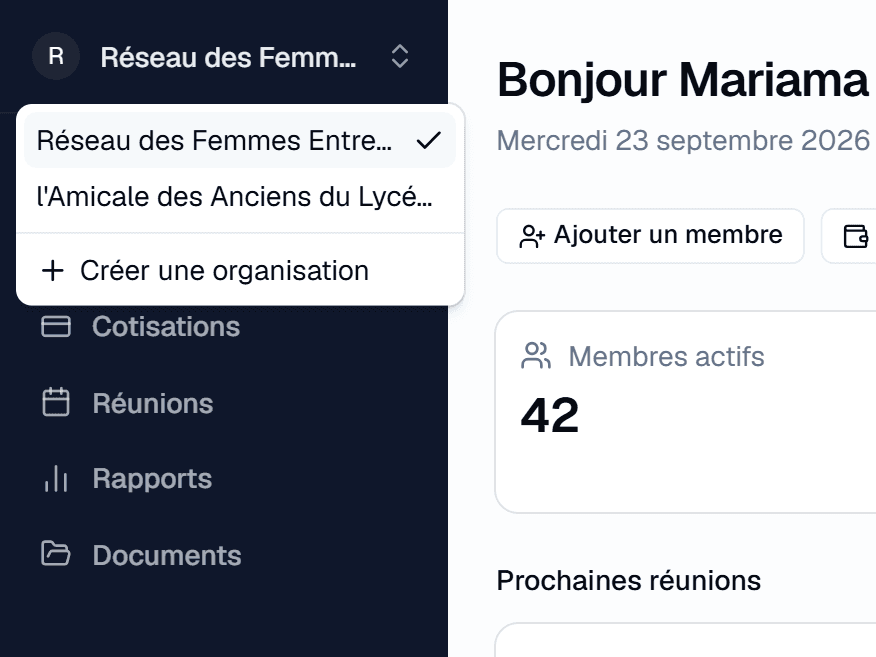 Menu des organisations ouvert : Réseau des Femmes Entrepreneures et l'Amicale des Anciens du Lycée, dans le même compte