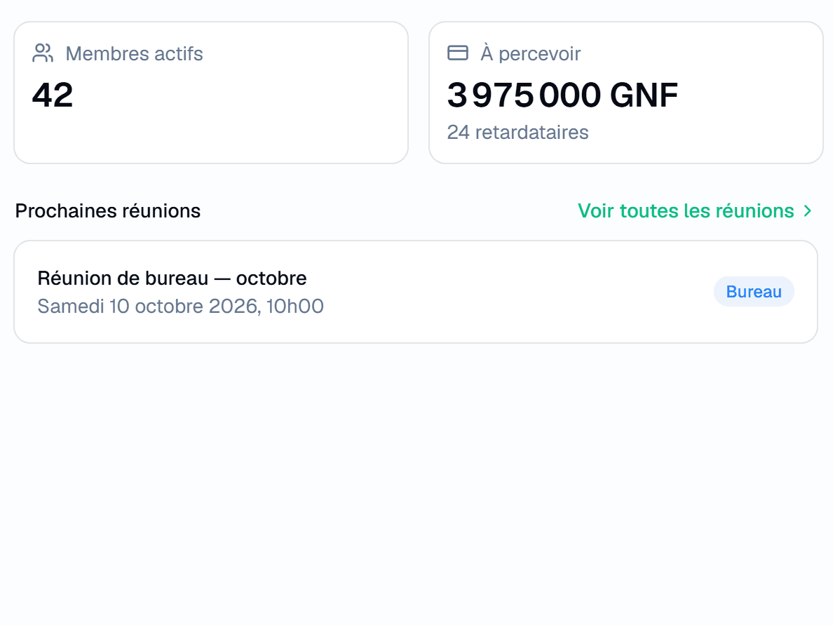 Tableau de bord : 42 membres actifs, 3 975 000 GNF à percevoir auprès de 24 retardataires, et la prochaine réunion