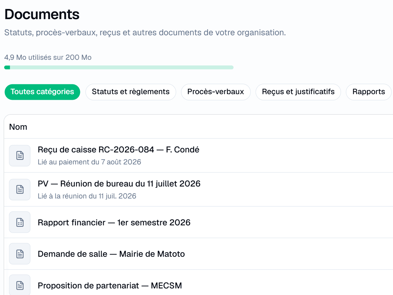 Page Documents : 4,9 Mo utilisés sur 200 Mo, filtres par catégorie et premiers documents, rattachés à un paiement ou une réunion