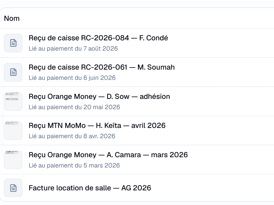 Six reçus, chacun lié au paiement correspondant, dont le reçu Orange Money d'A. Camara lié au paiement du 5 mars 2026