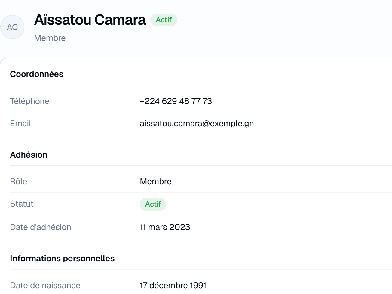 Fiche d'Aïssatou Camara : coordonnées, rôle, statut Actif, date d'adhésion 11 mars 2023 et date de naissance