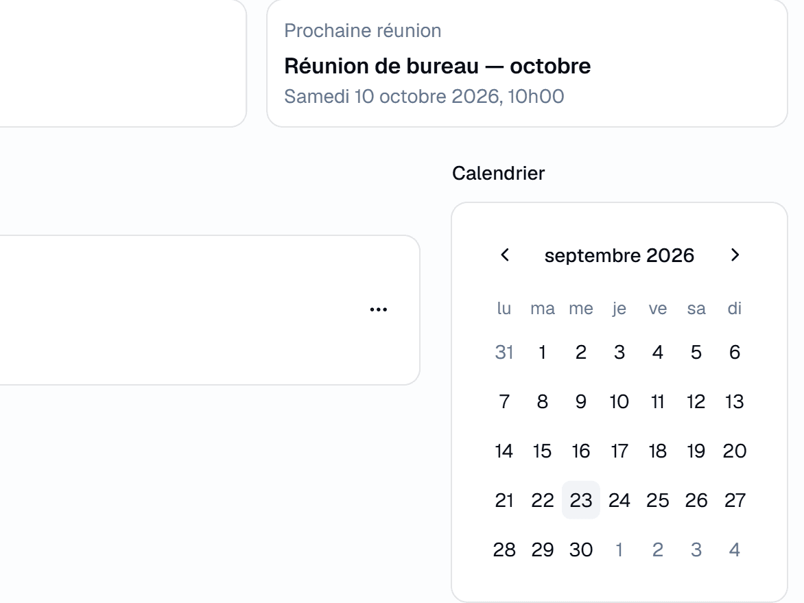 Prochaine réunion « Réunion de bureau — octobre », samedi 10 octobre 2026 à 10h00, et le calendrier du mois