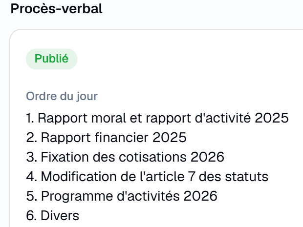 Procès-verbal publié de l'assemblée générale, avec son ordre du jour en six points